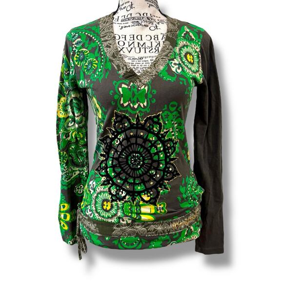 Desigual Size M Green Floral 100% Cotton Pullover Top Boho - Picture 1 of 9